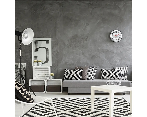 Vardagsrum med soffa, bord, matta och dekoration i svart, vitt och grått
