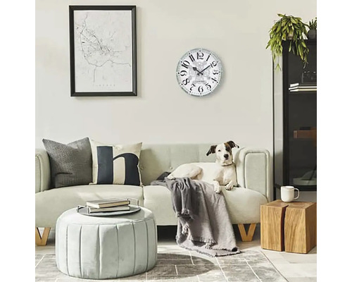 Vardagsrum med soffa, soffbord, väggklocka och hund