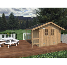 Trädgårdshus i trä med baldakin på en träterrass med ett picknickbord i trädgården