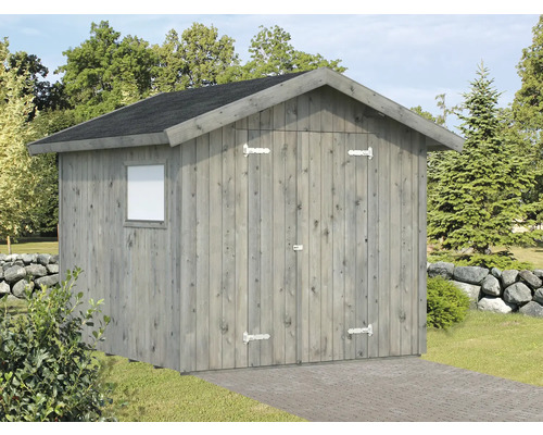 Gerätehaus Palmako Nils 16 mm inkl. Fußboden 233 x 239 cm tauchgrundiert grau Trädgårdsskjul i trä med fönster och dubbeldörr