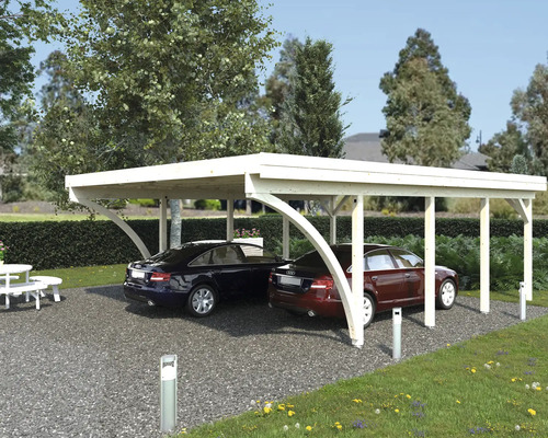 Dubbel carport i trä med två parkerade bilar