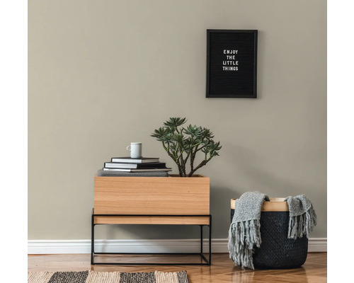 Vardagsrumsscen med ett träbord, en växt, böcker, en mugg, en korg med en filt och ett inramat citat på väggen.