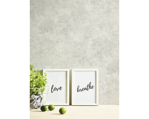 Dekorativ scen med bilder med text, växt och limefrukter på ett bord framför en vägg