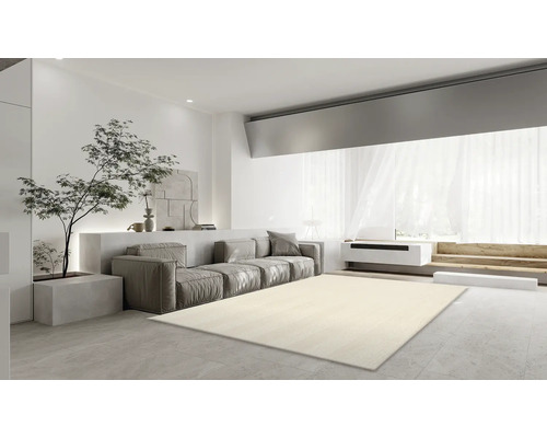 Ljust vardagsrum med soffa, träd och matta