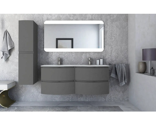 Modernt badrum med handfat, spegelskåp och högskåp i grått.