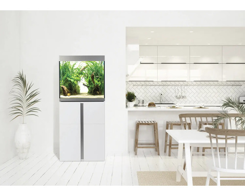 Inrett akvarium på underskåp i ett ljust vardagsrum.