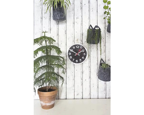 Väggklocka med växter på en träpanel