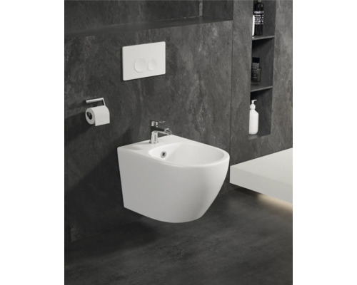 Vägghängd bidé med blandare, spolknapp och toalettpappershållare i modernt badrum