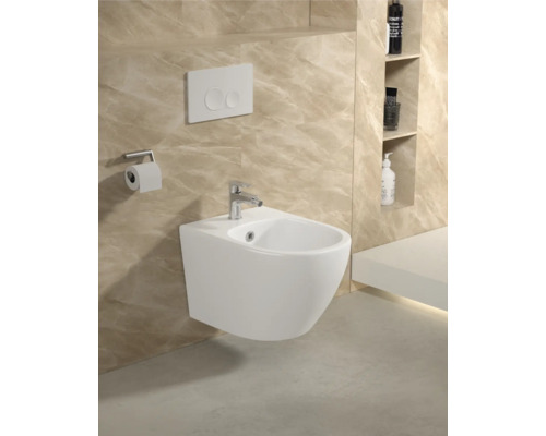 Vägghängd bidé med kran och tryckplatta i ett badrum.