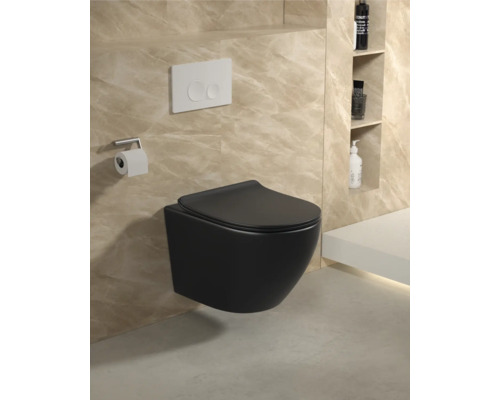 Modernt badrum med hängande svart toalett med djup spolning och manöverpanel
