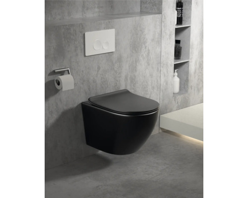 Vägghängd, svart toalett med toalettpappershållare och manöverpanel i ett modernt designat badrum.