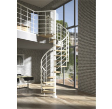 Rumsvy med vit spiraltrappa med trätrappsteg i en modern bostadsyta.