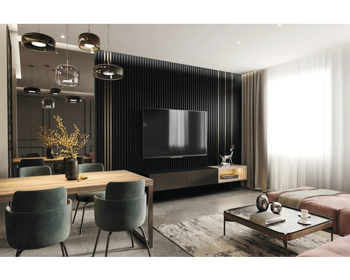 Vardagsrum med matbord, stolar, TV och soffa