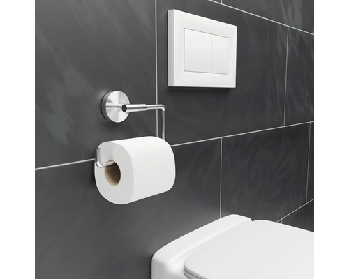 Toalettpappershållare i metall, toalettspolning och toalettstol i ett badrum