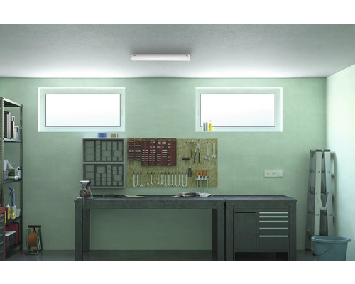 Verkstad med arbetsbänk, verktygsvägg, hyllor och fönster