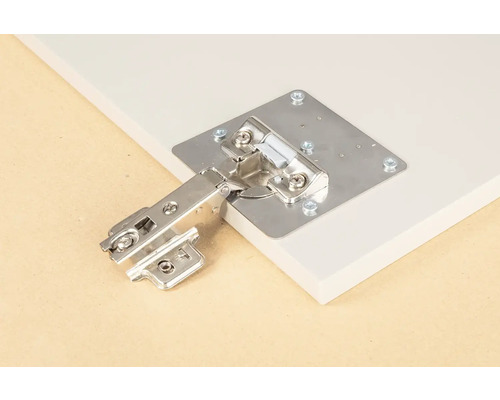 Gångjärn med monteringsplatta på ett skåp