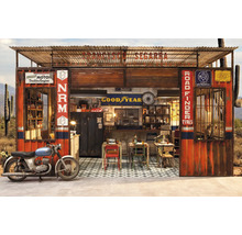 Verkstad i vintagestil med motorcykel i västerländsk stil