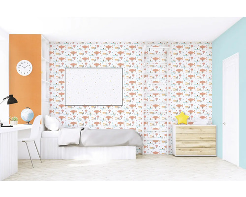 Barnrum med tapet med flygplansmotiv, säng, skrivbord och stege