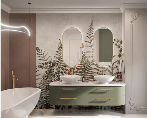 Ljust badrum med dubbla handfat, ovala speglar och blommig tapet