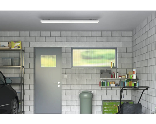 Garage med hyllor, dörr, fönster och taklampa.