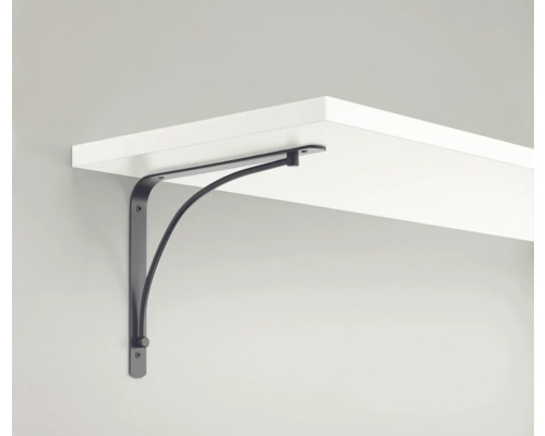 Svart metallhyllkonsol under en vit hylla.