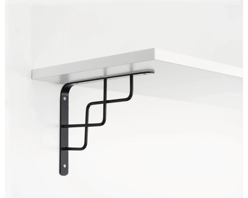 Svart hyllkonsol med dekorativ design under en hylla