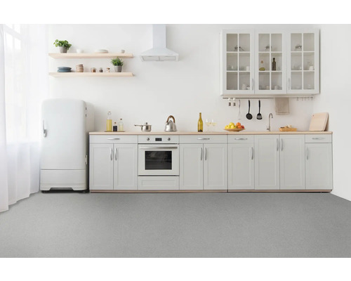 Ljust kök med köksmöbler, apparater och hyllor för disk och dekoration