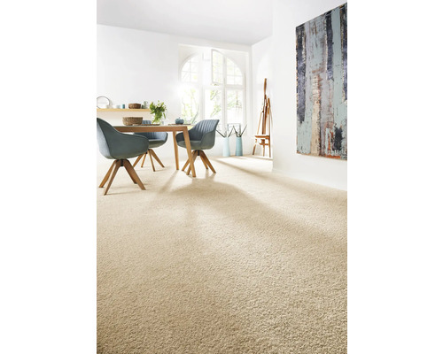 Ljust vardagsrum med heltäckningsmatta, matbord och stolar