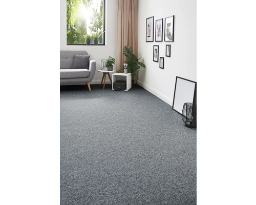 Vardagsrum med grå heltäckningsmatta, soffa, fönster och dekoration