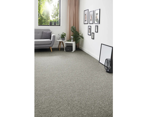 Vardagsrum med grå heltäckningsmatta, soffa och dekorationer