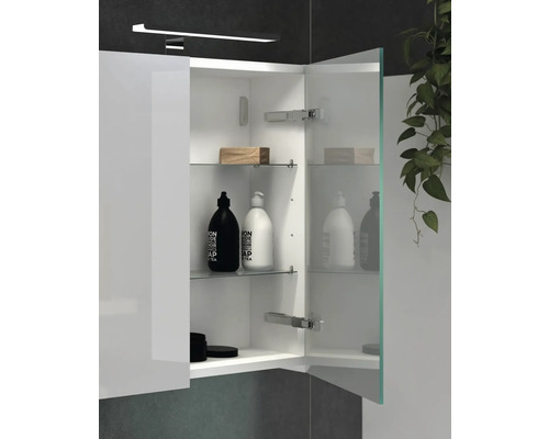 Öppet spegelskåp med glashyllor och badrumsartiklar