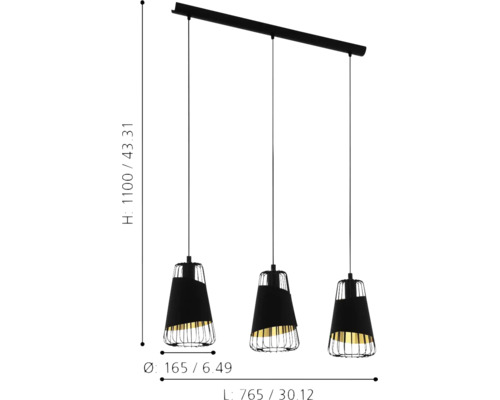 Taklampa med tre lampor med skärmar i metall och tyg