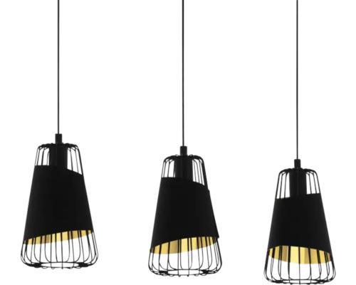 Tre svarta hänglampor med trådskärm och tygskärm