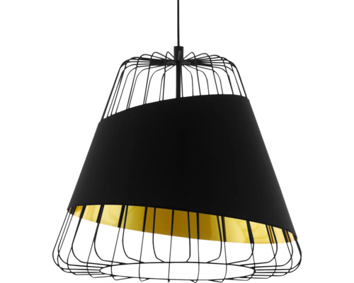 Pendellampa med svart tygskärm och trådram