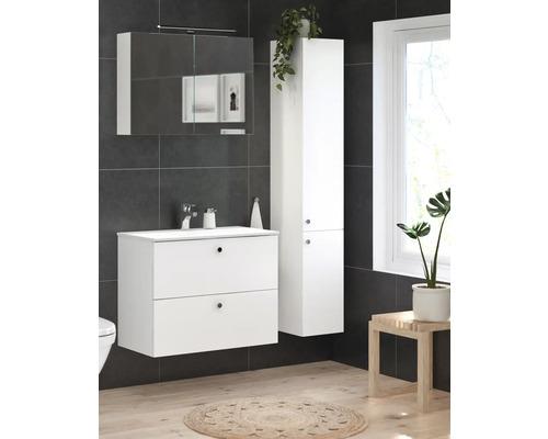 Badrum med tvättställsskåp, spegelskåp och högskåp