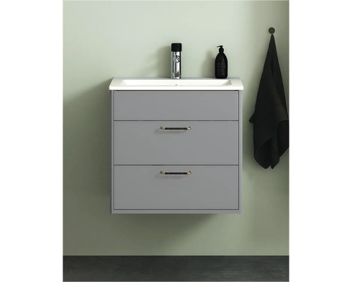 Grått tvättställsskåp med två lådor, armatur och handduk