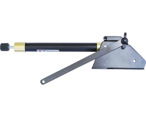 Justerbar arbetsbänksklämma med svart cylinder, guldfärgade hylsor och en platt metallarm.