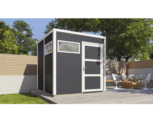 Modernt trädgårdshus med fönster och dörr på en terrass