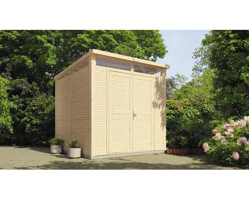 Trädgårdsskjul i trä med dubbeldörr och takfönster