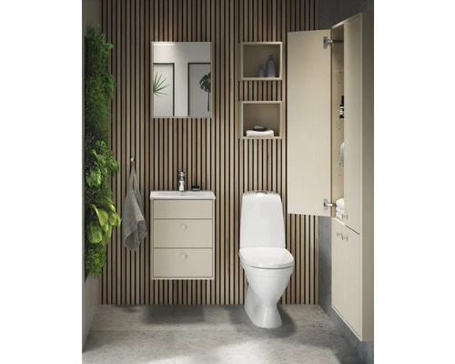 Badrum med toalett, tvättställsskåp, spegelskåp och hylla mot en träpanel.