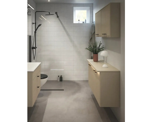 Modernt badrum med dusch, handfat, toalett och badrumsmöbler