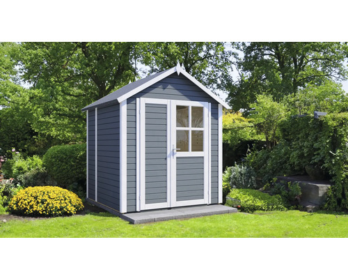 Trädgårdsskjul av trä med dubbeldörr och fönster