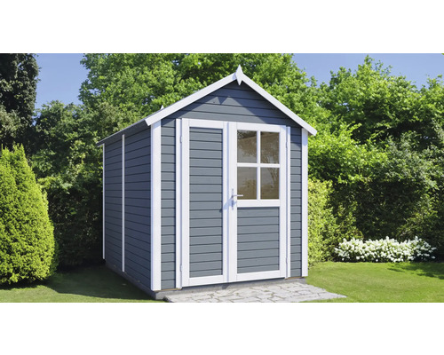 Grått trädgårdshus i trä med dubbeldörr och fönster i trädgården