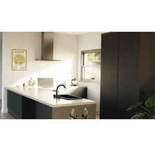 Köksvy med köksö, diskho, fläkt och skåp