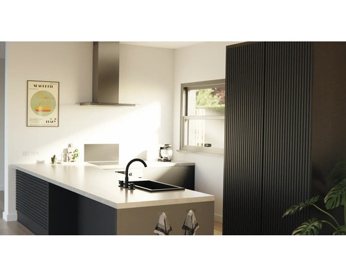 Köksvy med köksö, diskho, fläkt och skåp