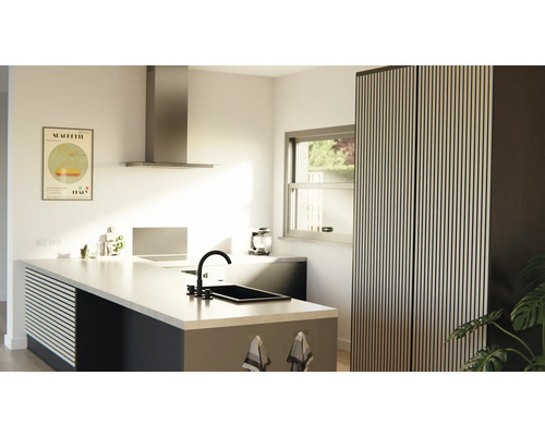 Modernt kök med köksö, diskho, kran, fläkt och kyl-fryskombination.