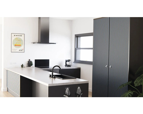 Modernt kök med köksö, fläkt och högskåp