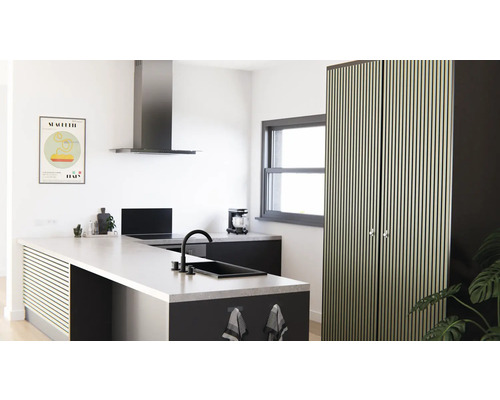 Modernt kök med köksö, fläkt och högskåp