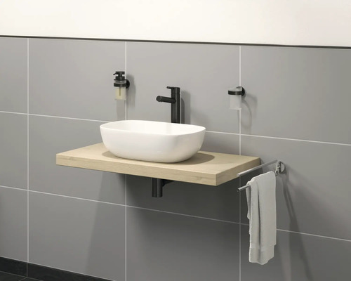 Badrum med tvättställsskål, blandare, tvålbehållare, tandborstmugg och handdukshållare