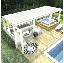 Terrass med pool, bubbelpool och täckt sittgrupp med loungemöbler